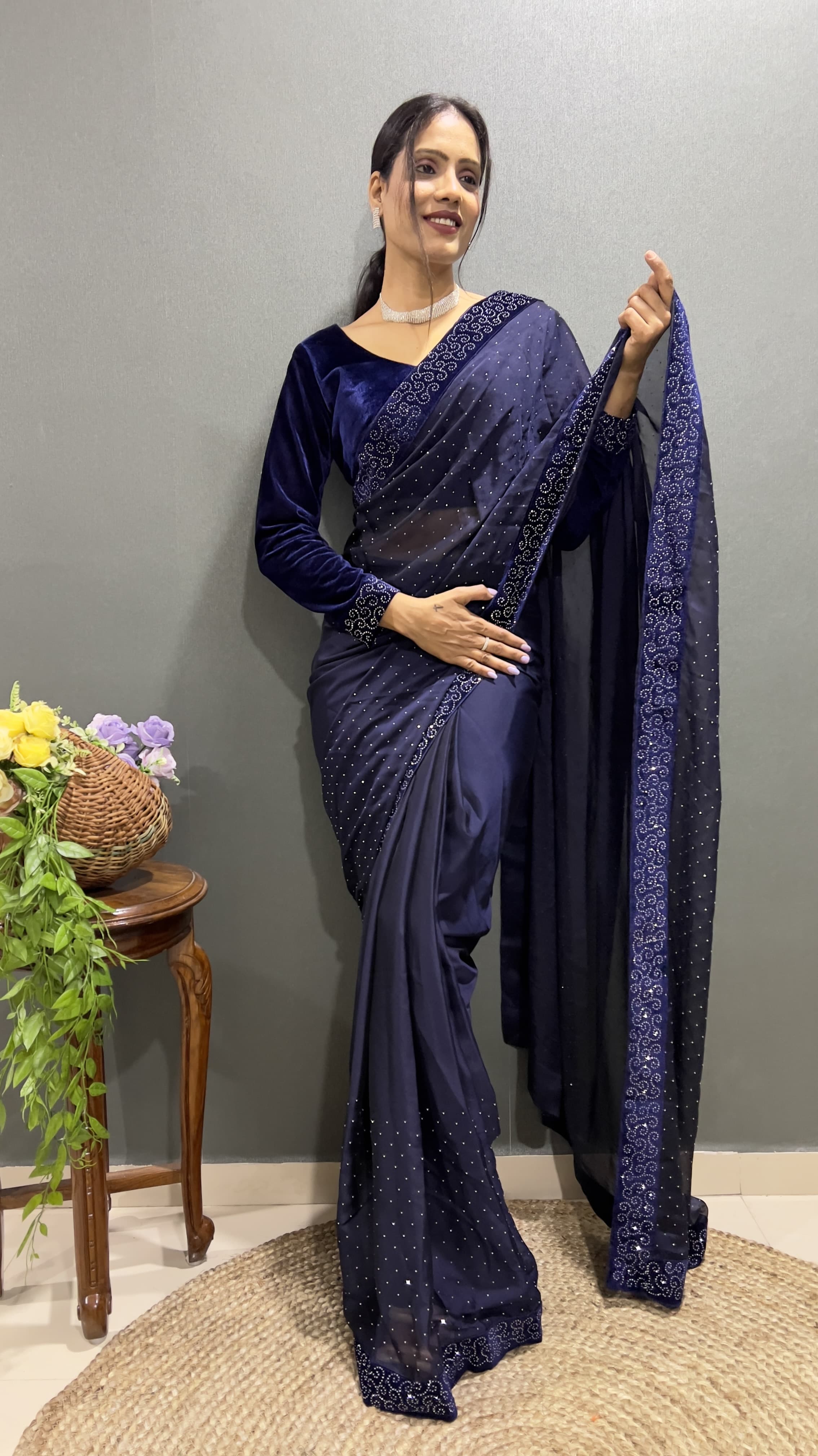 Blue velvet rhinestone saree with blouse