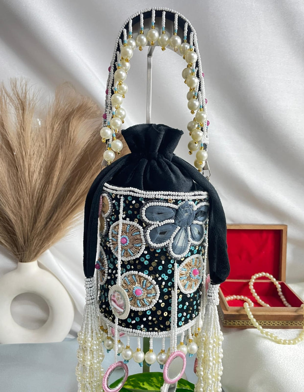 White floral pearl dangling latkan purse