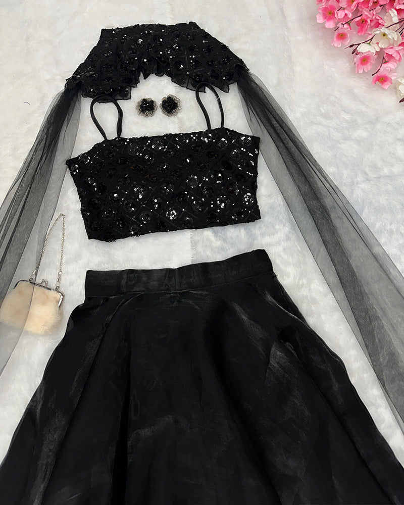 Black skirt with top and cape dupatta set