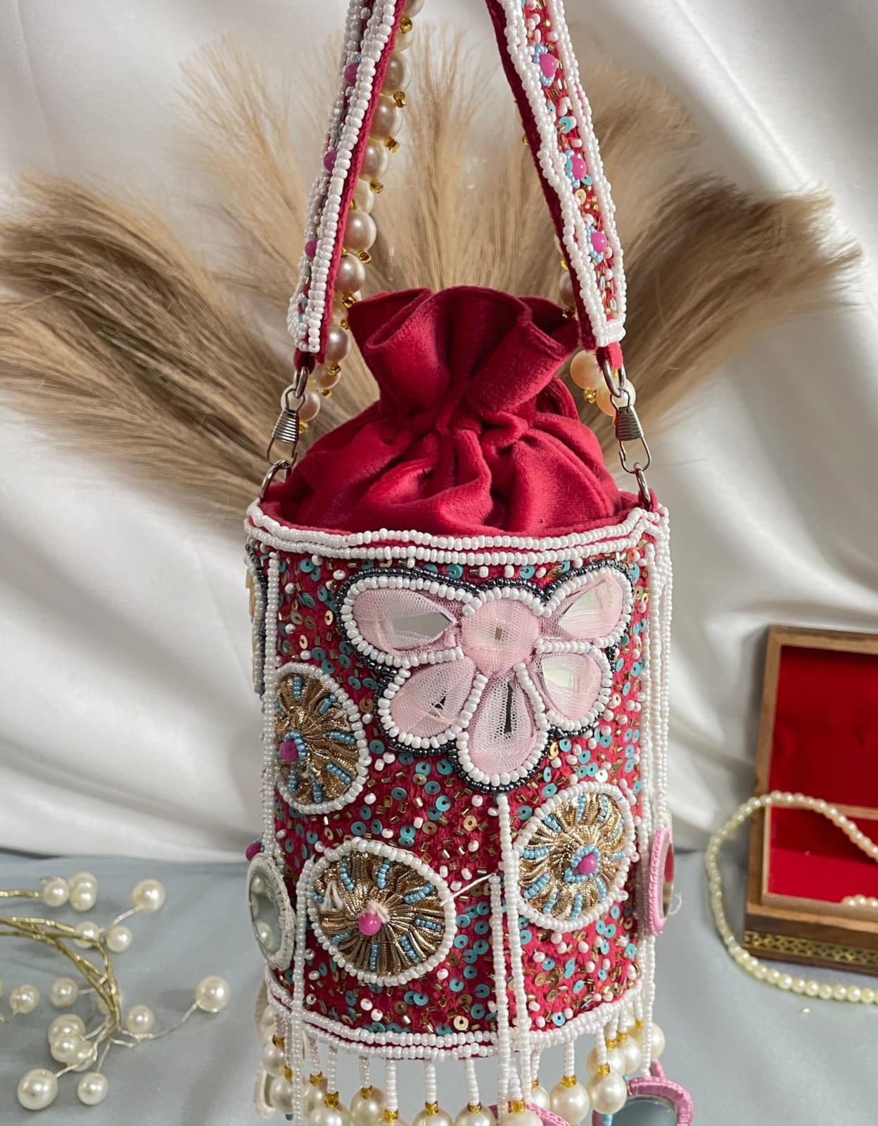 White floral pearl dangling latkan purse