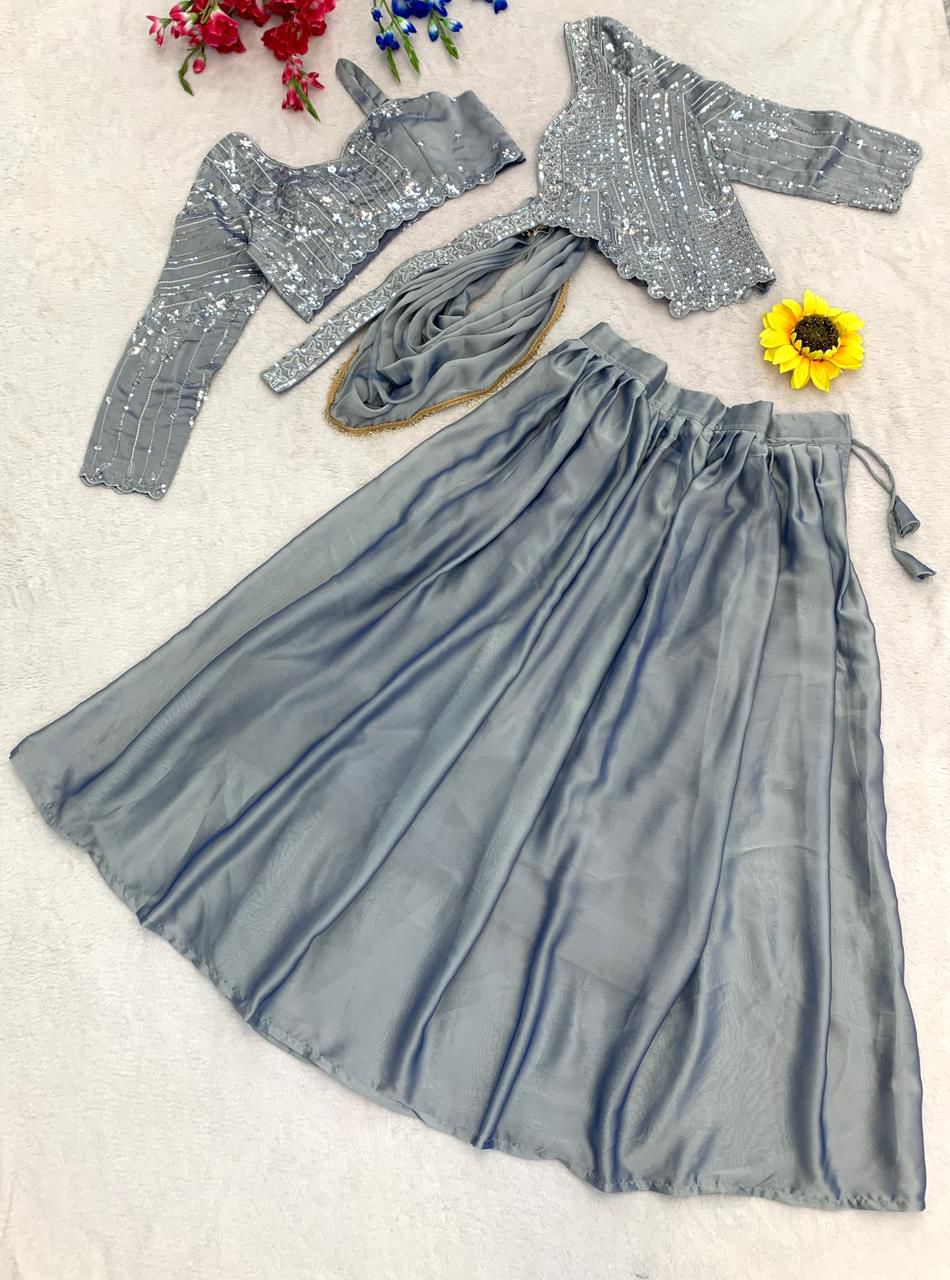 Grey silver ready to wear top with cape and lehenga set