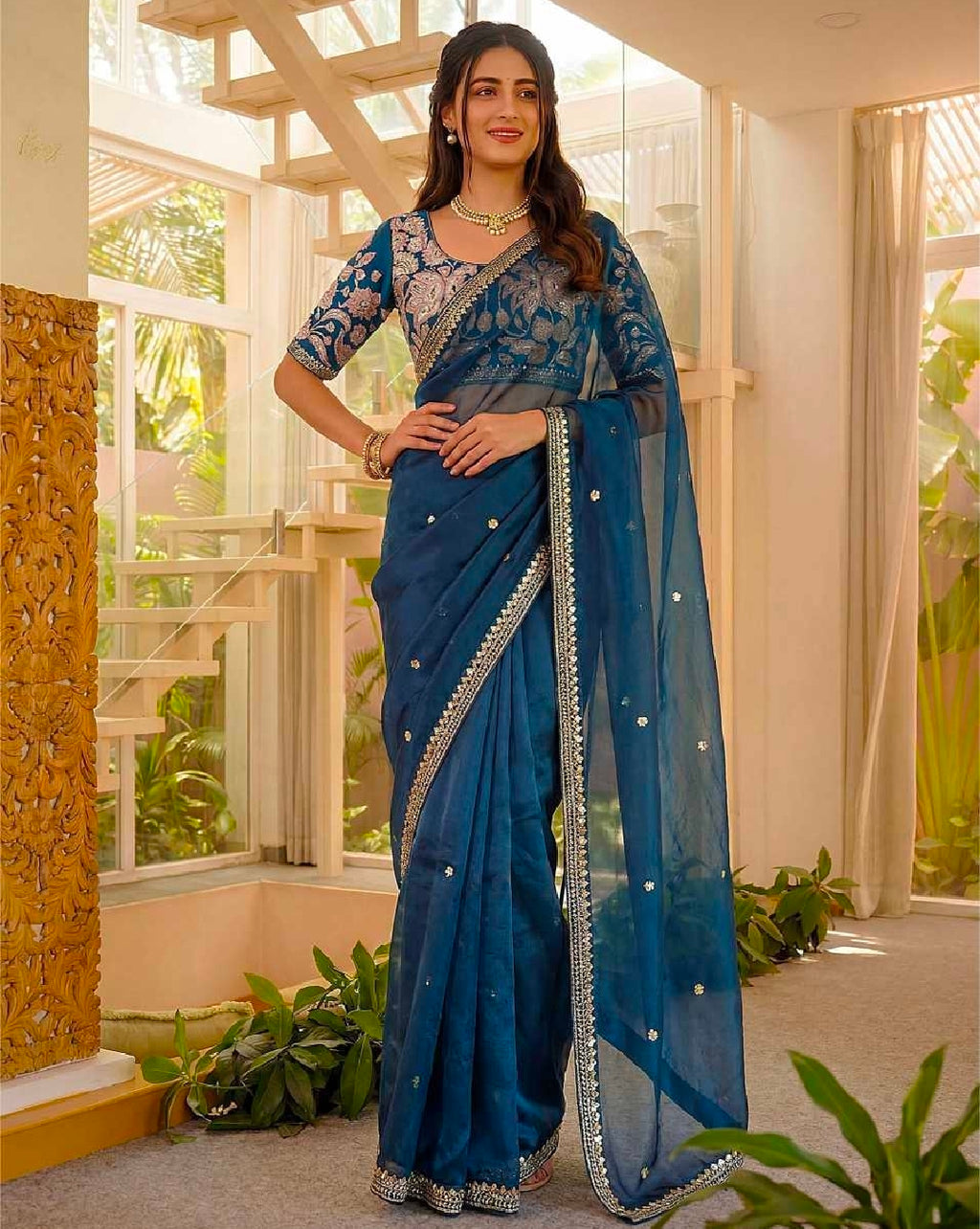 Blue silk saree with blouse