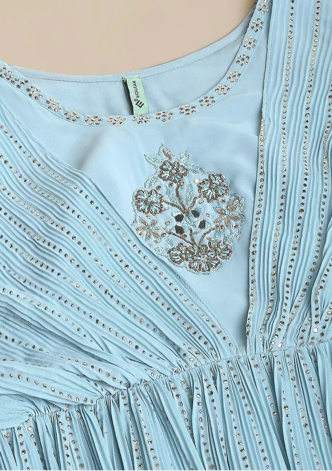 Ice blue off shoulder gown with belt