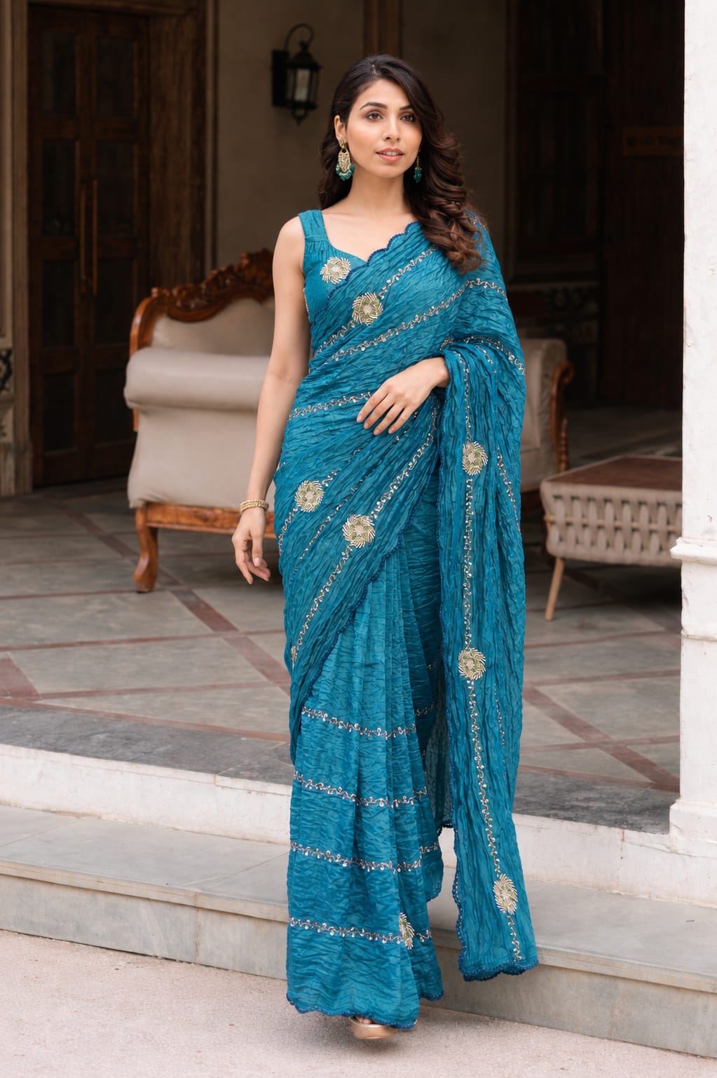 Blue crushed silk saree with blouse