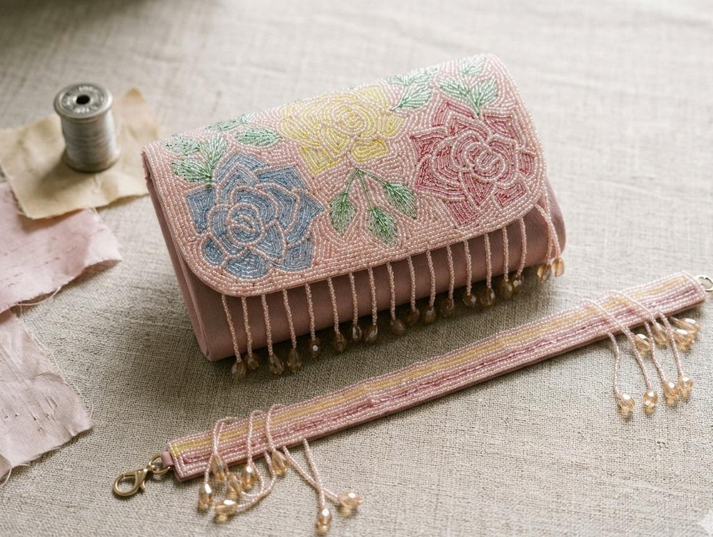 Pink floral beaded bag