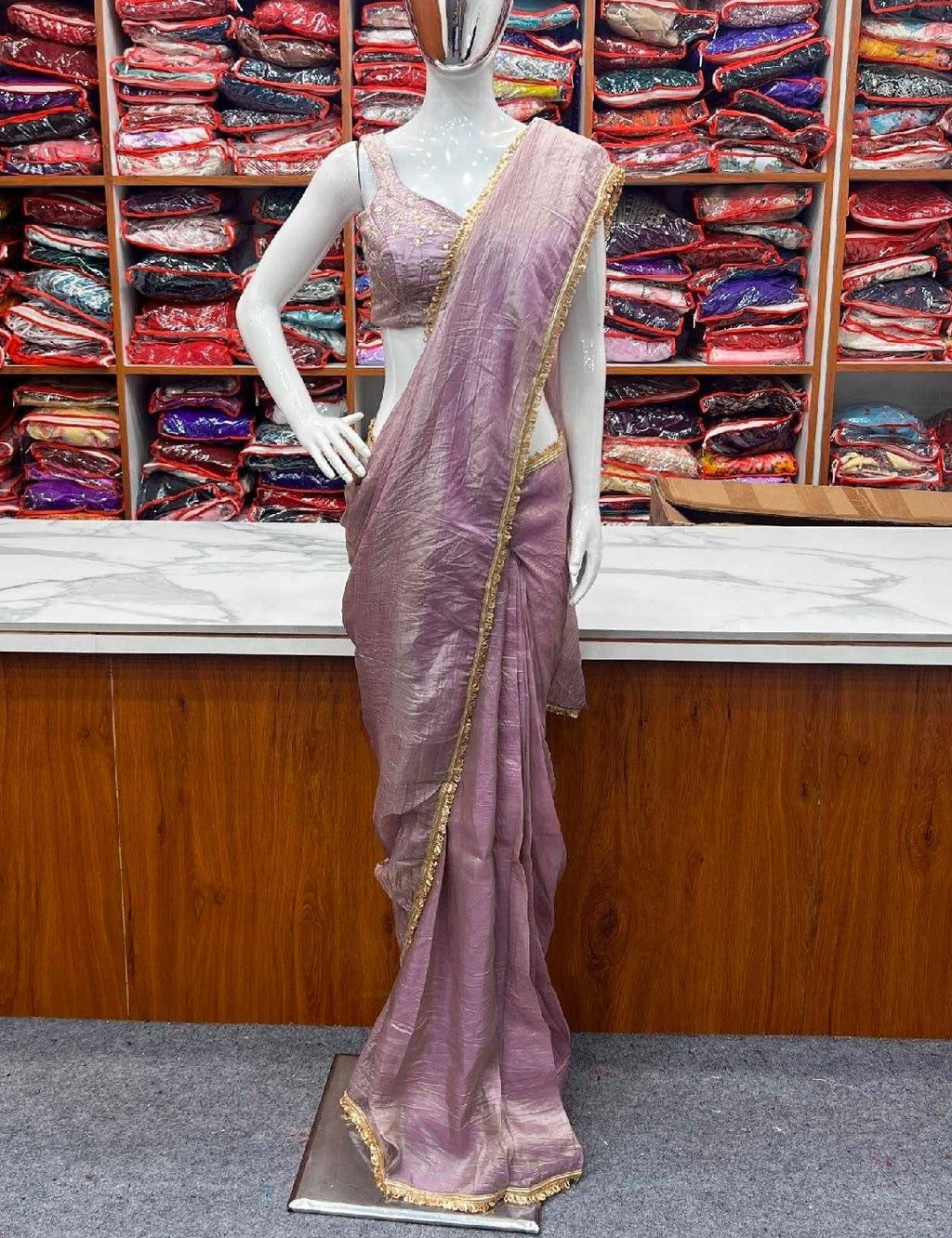 Purple silk lacey saree with blouse