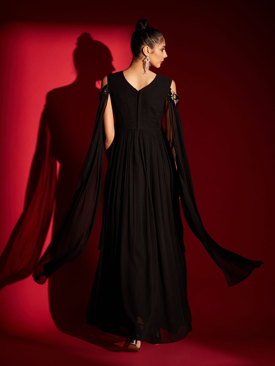 Black cold shoulder flaired long gown