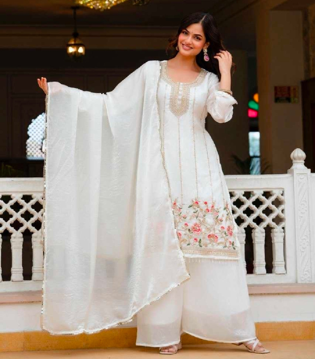 White kurti palazzo and dupatta set