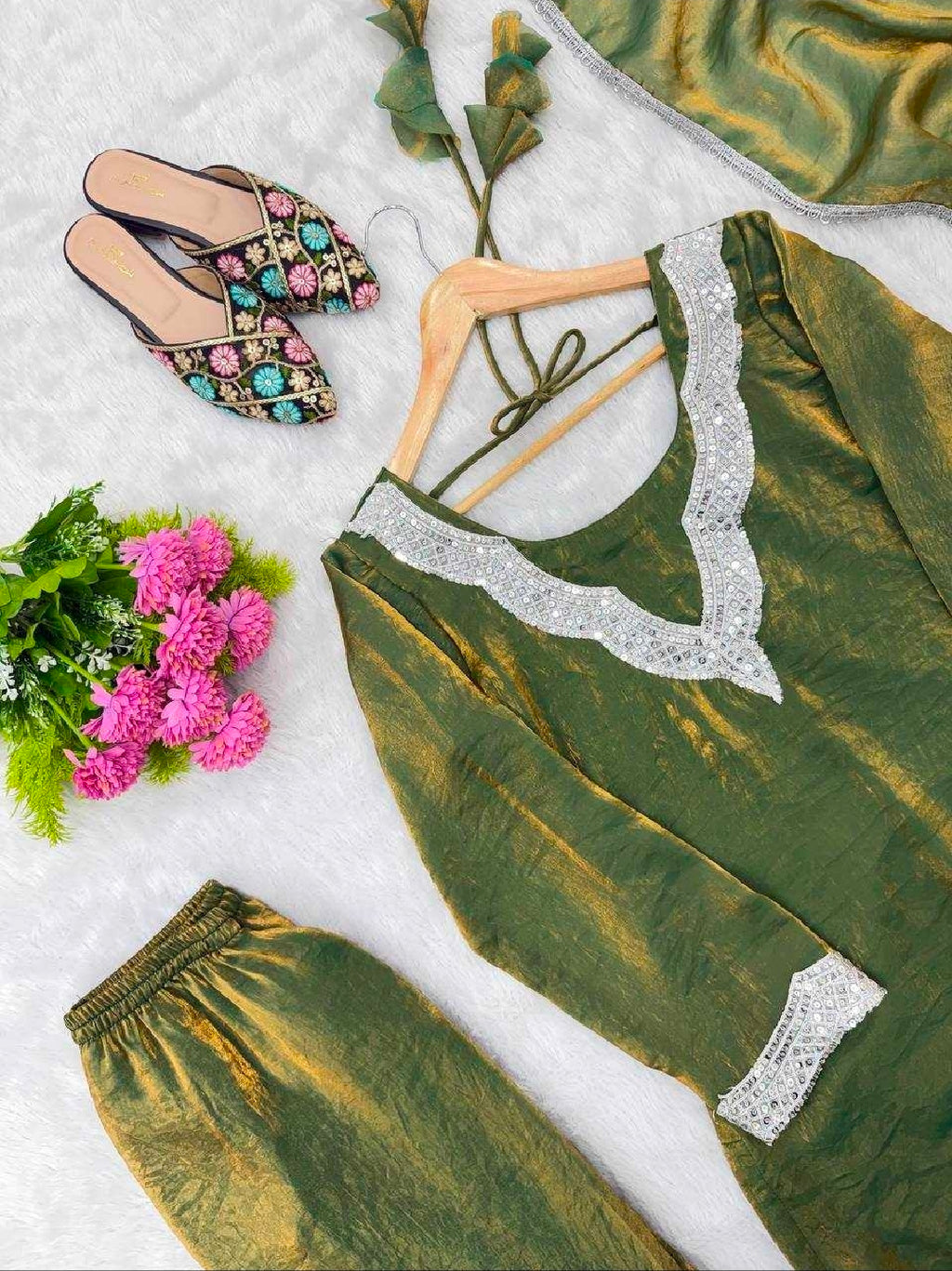 Green shimmery suit with sharara and dupatta set