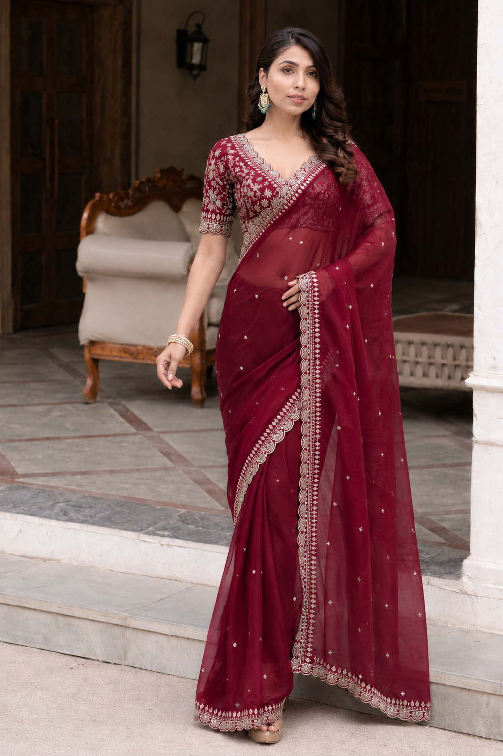 Maroon indian saree with blouse