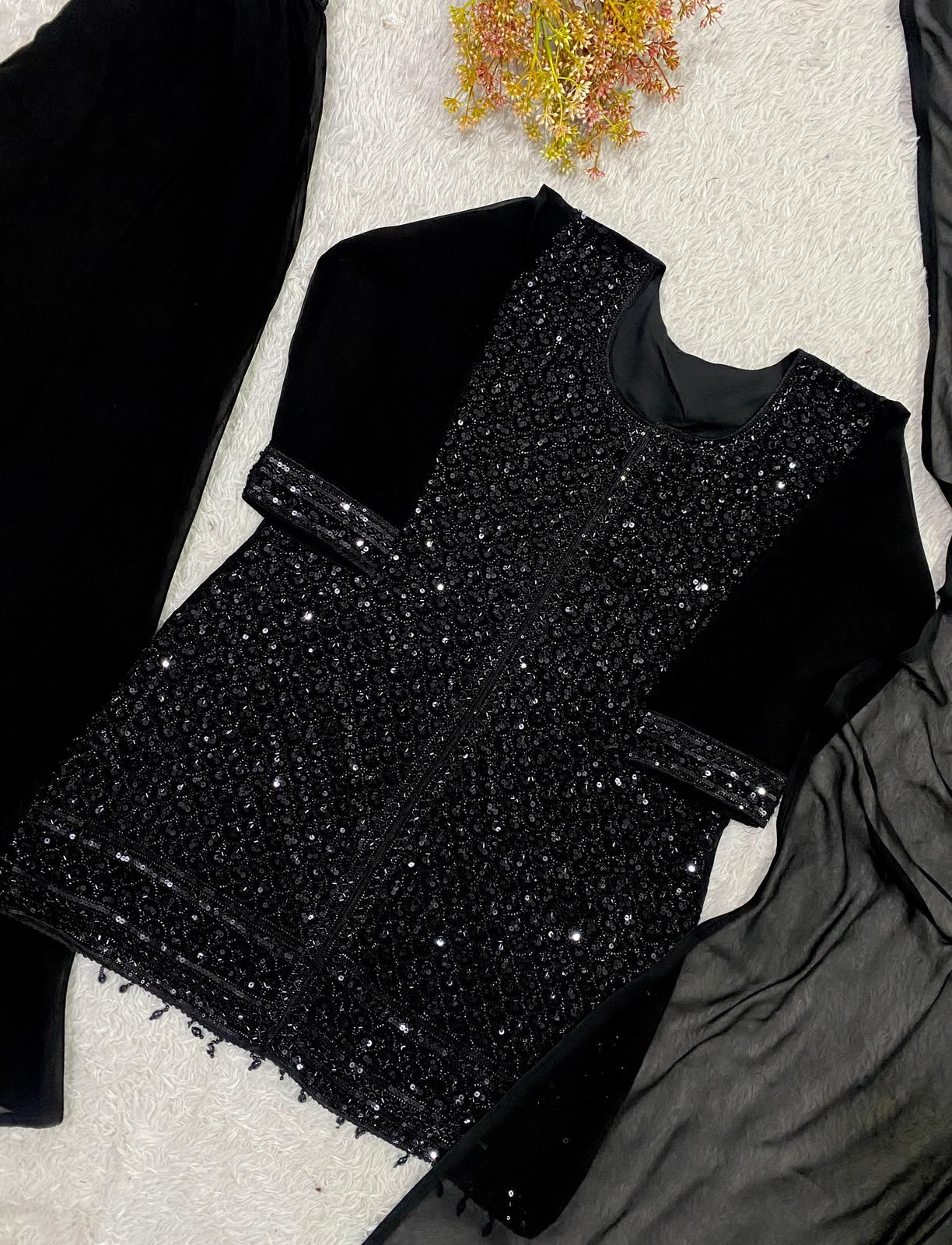 Black kurti with palazzo and dupatta set