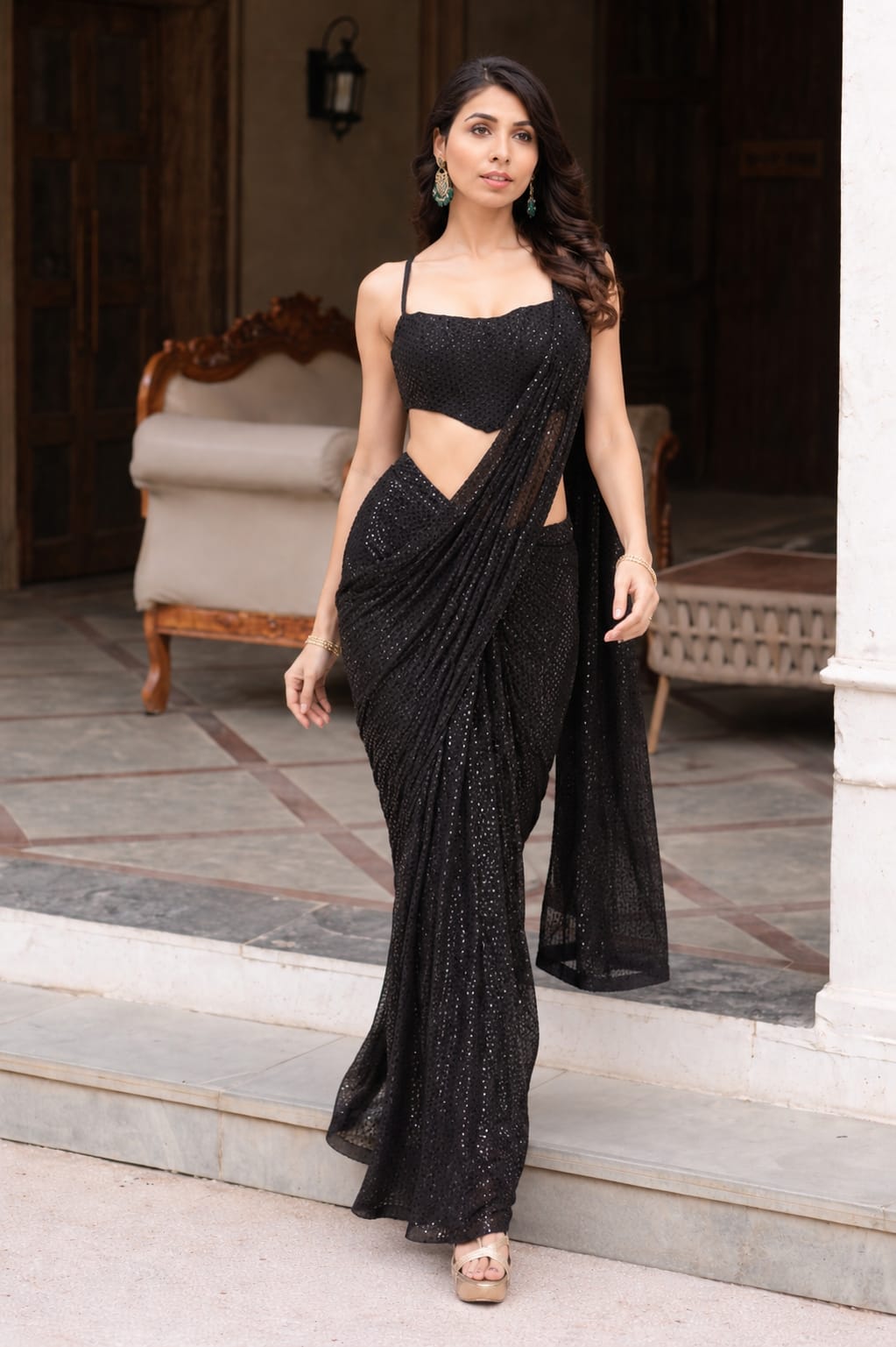 Black sequence saree with corset blouse