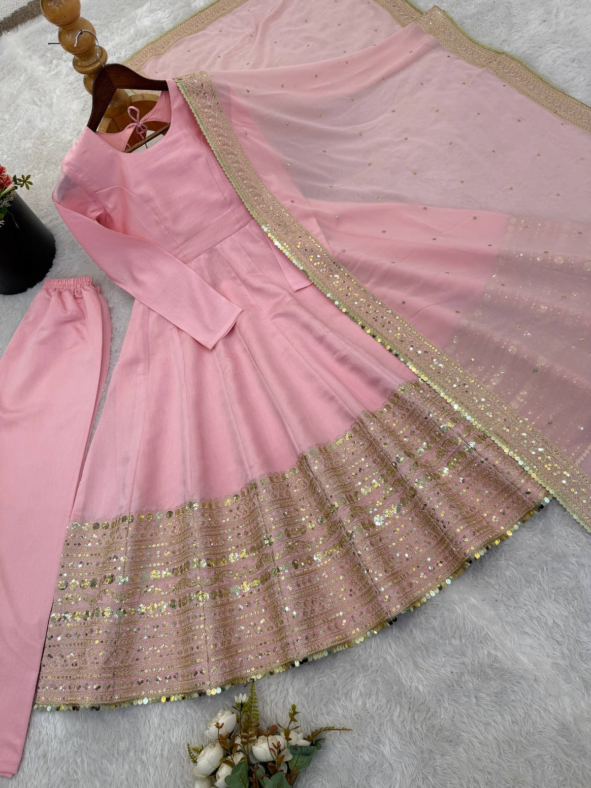 Pink anarkali suit with pent and dupatta set