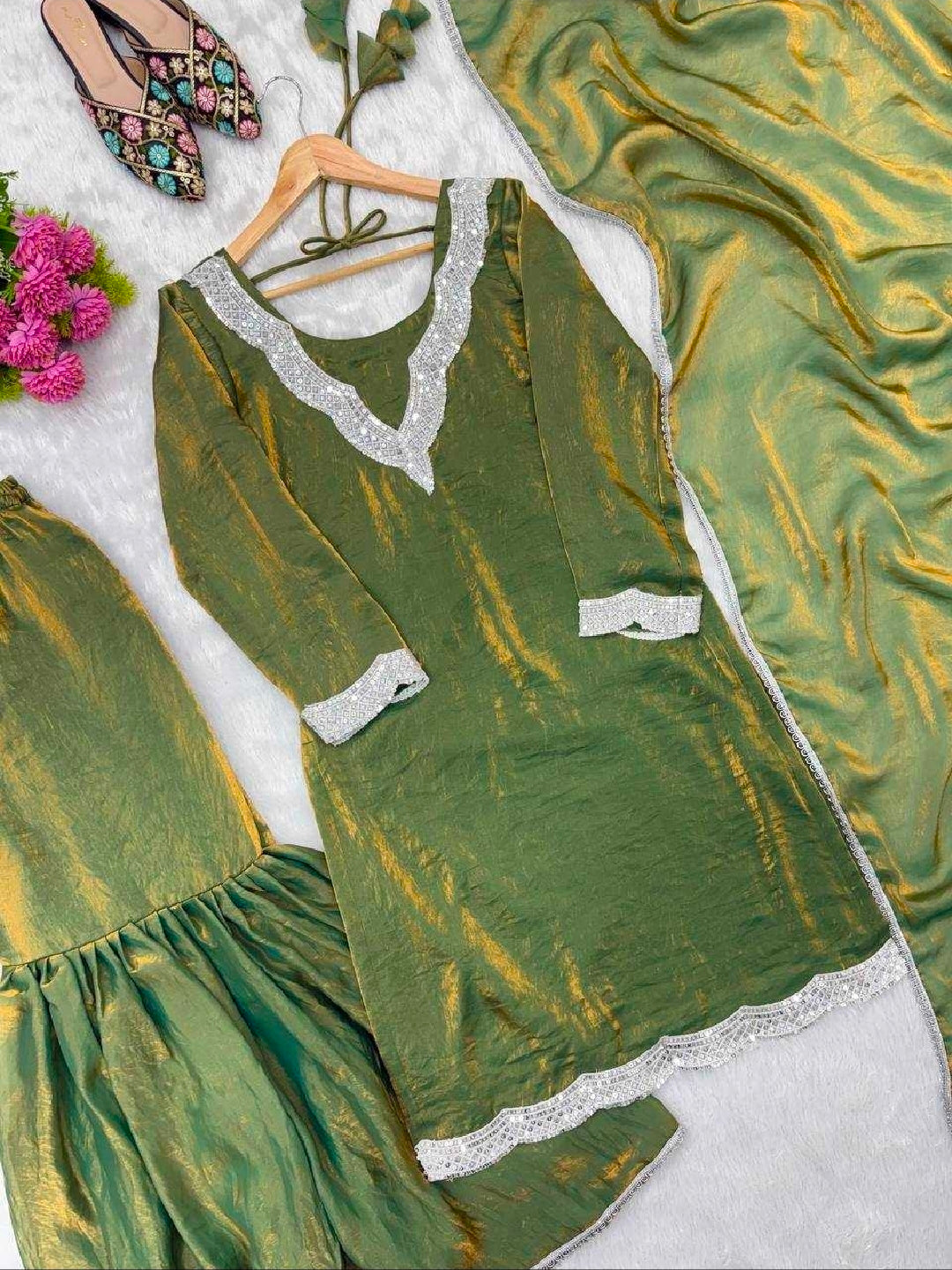 Green shimmery suit with sharara and dupatta set