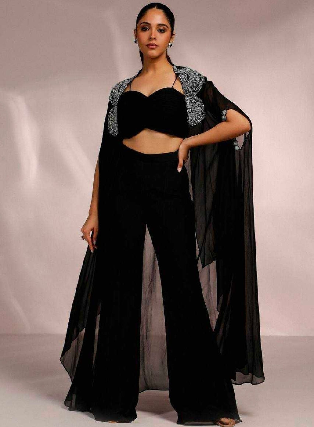 Black pleated top with sharara and cape set