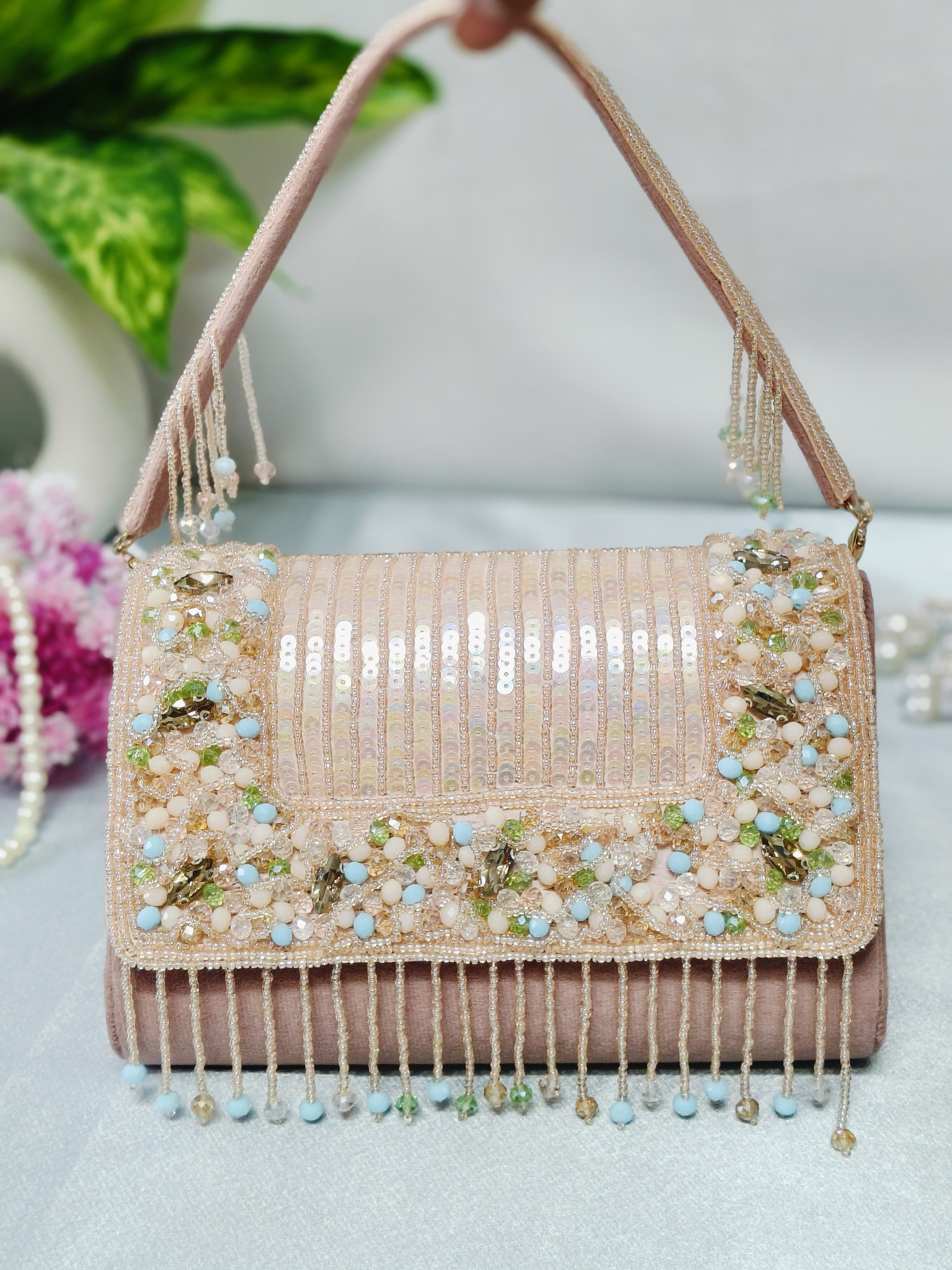 Pink beads stone work handbag