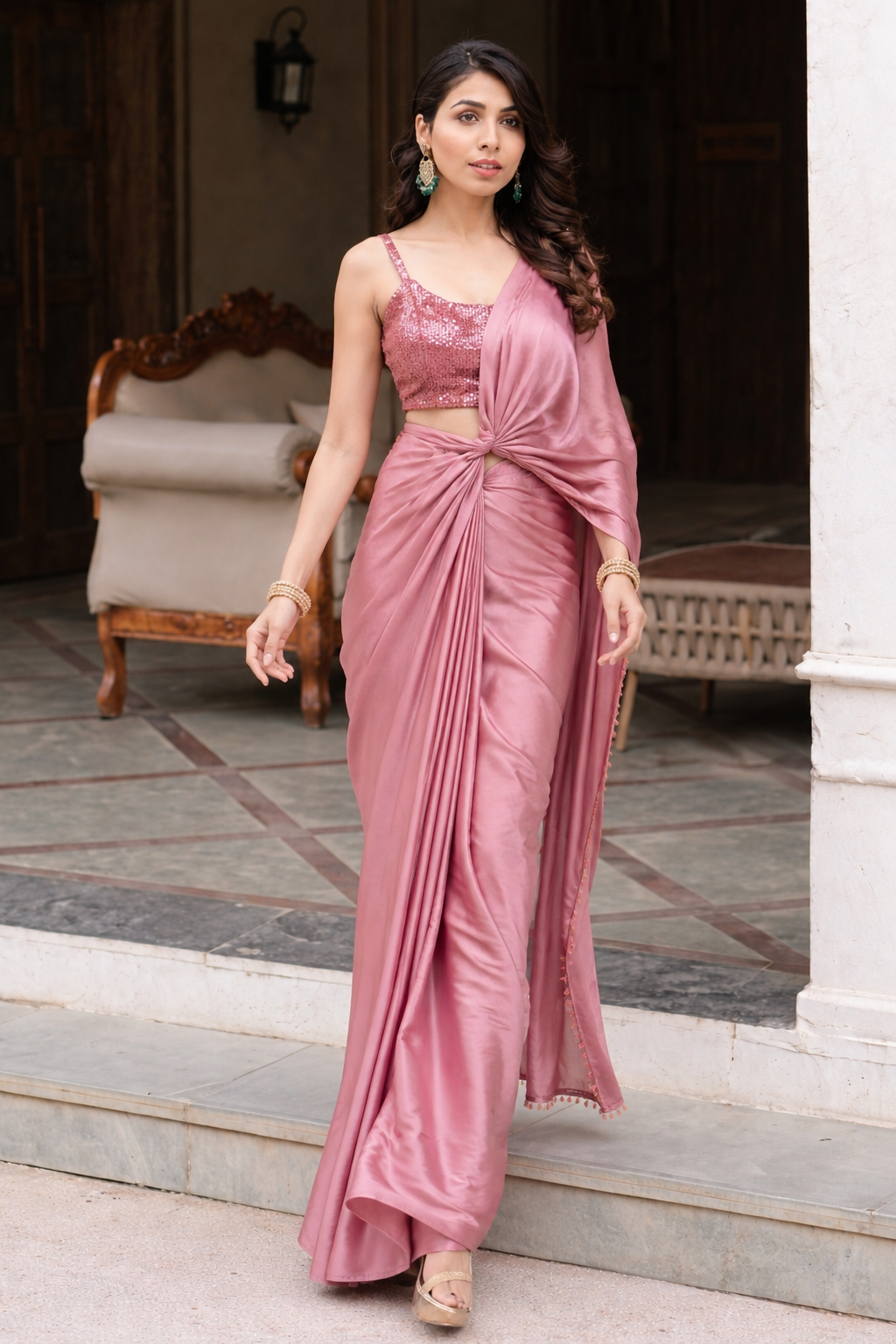 Pink silk dhoti saree with blouse