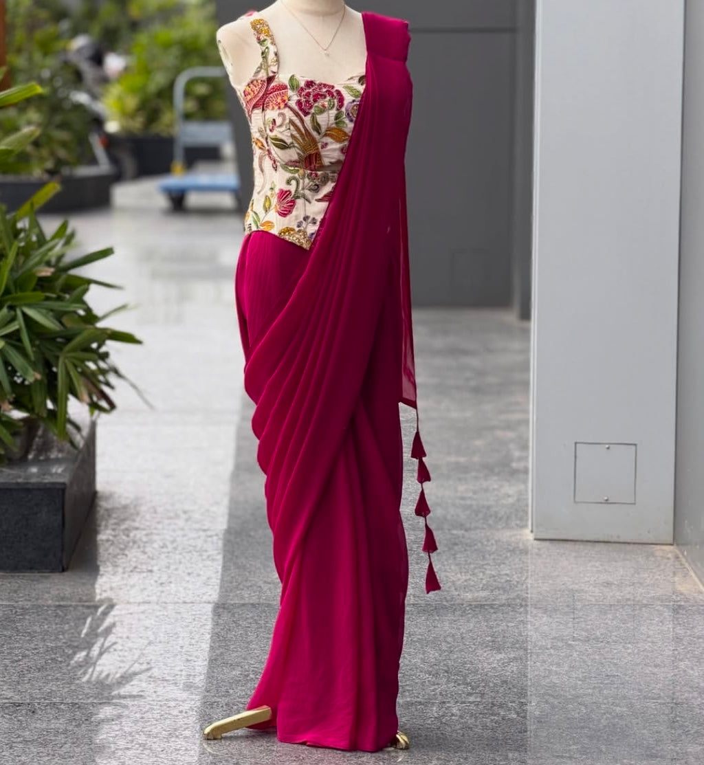Pink ready to wear corset saree with blouse