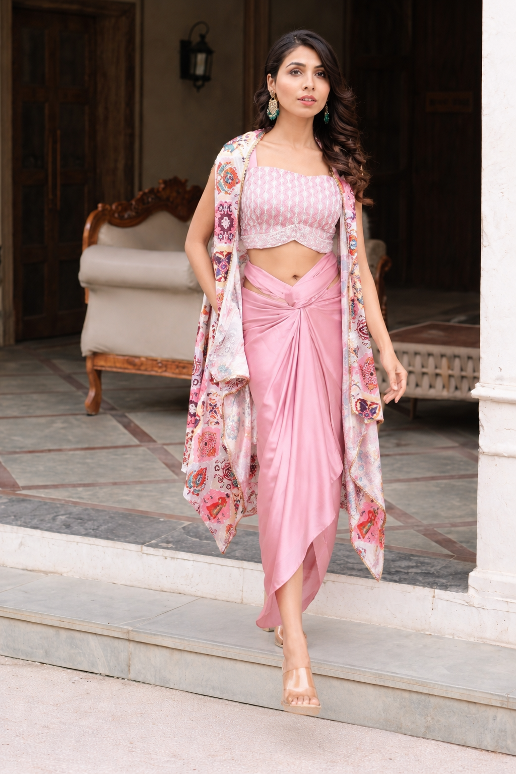Pink dhoti with top and shrug cape set