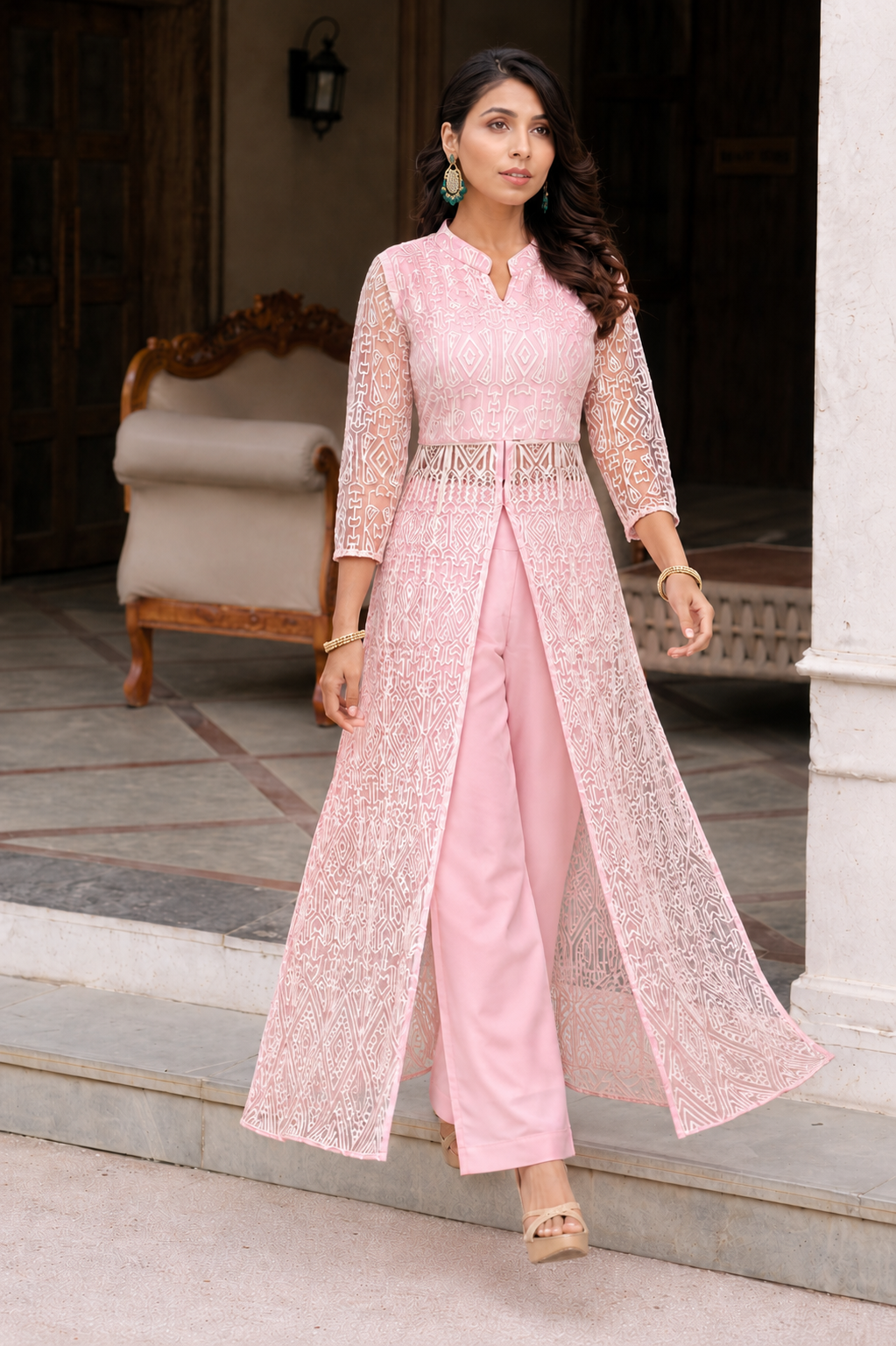 Pink front slit kurti with pent set
