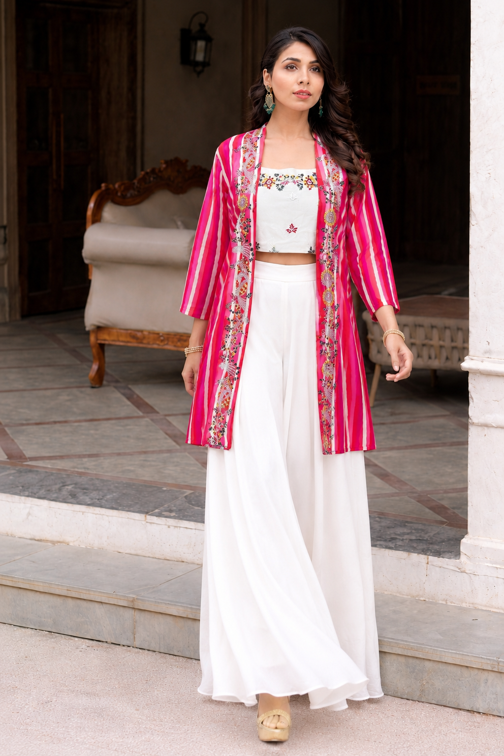 White indo western top with jacket and palazzo