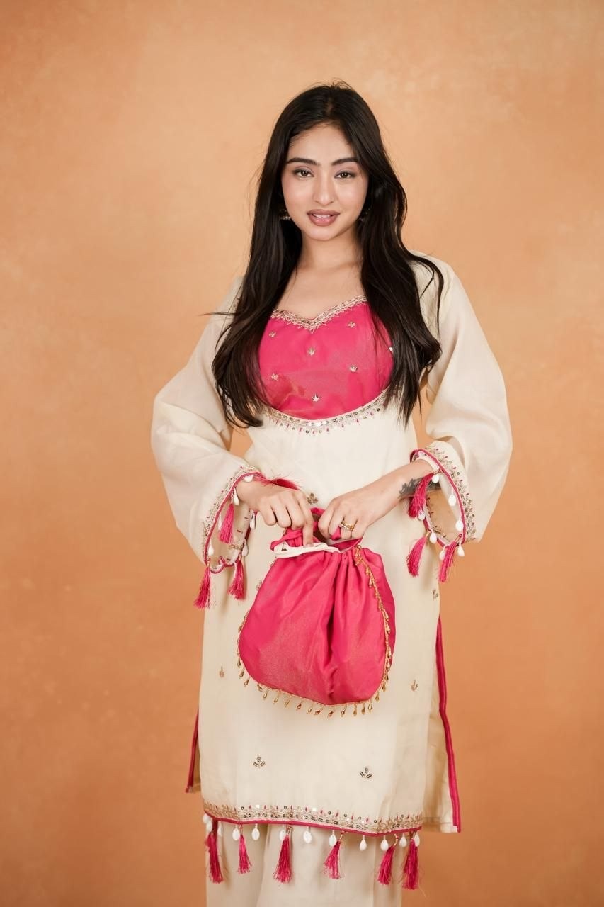 Off white bustier top kurta set with bottom