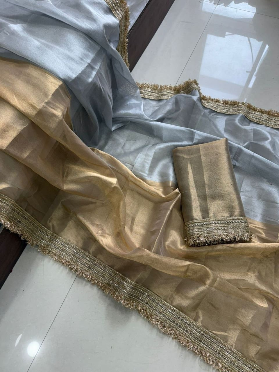 Silver gold shimmer saree with blouse