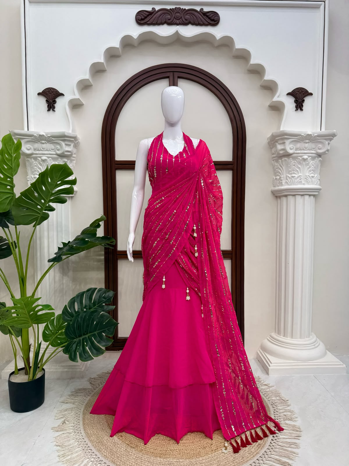 Pink fish cut lehenga saree with blouse set