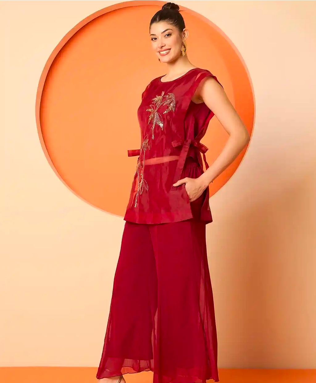 Red kurti with top and palazzo