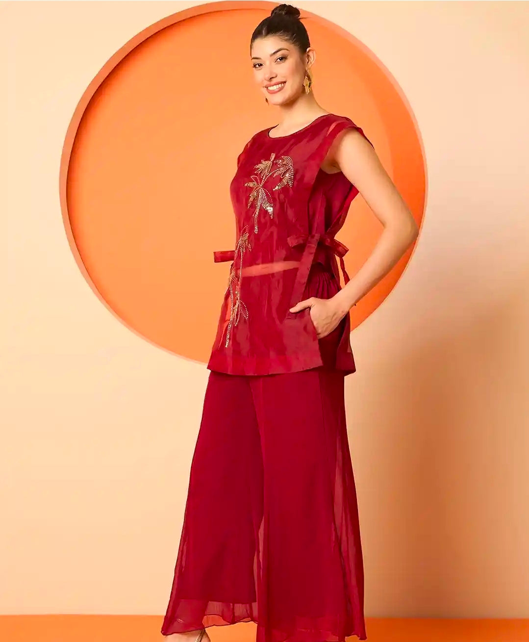 Red kurti with top and palazzo