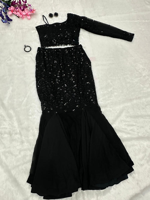 Black fish cut indo western lehenga set
