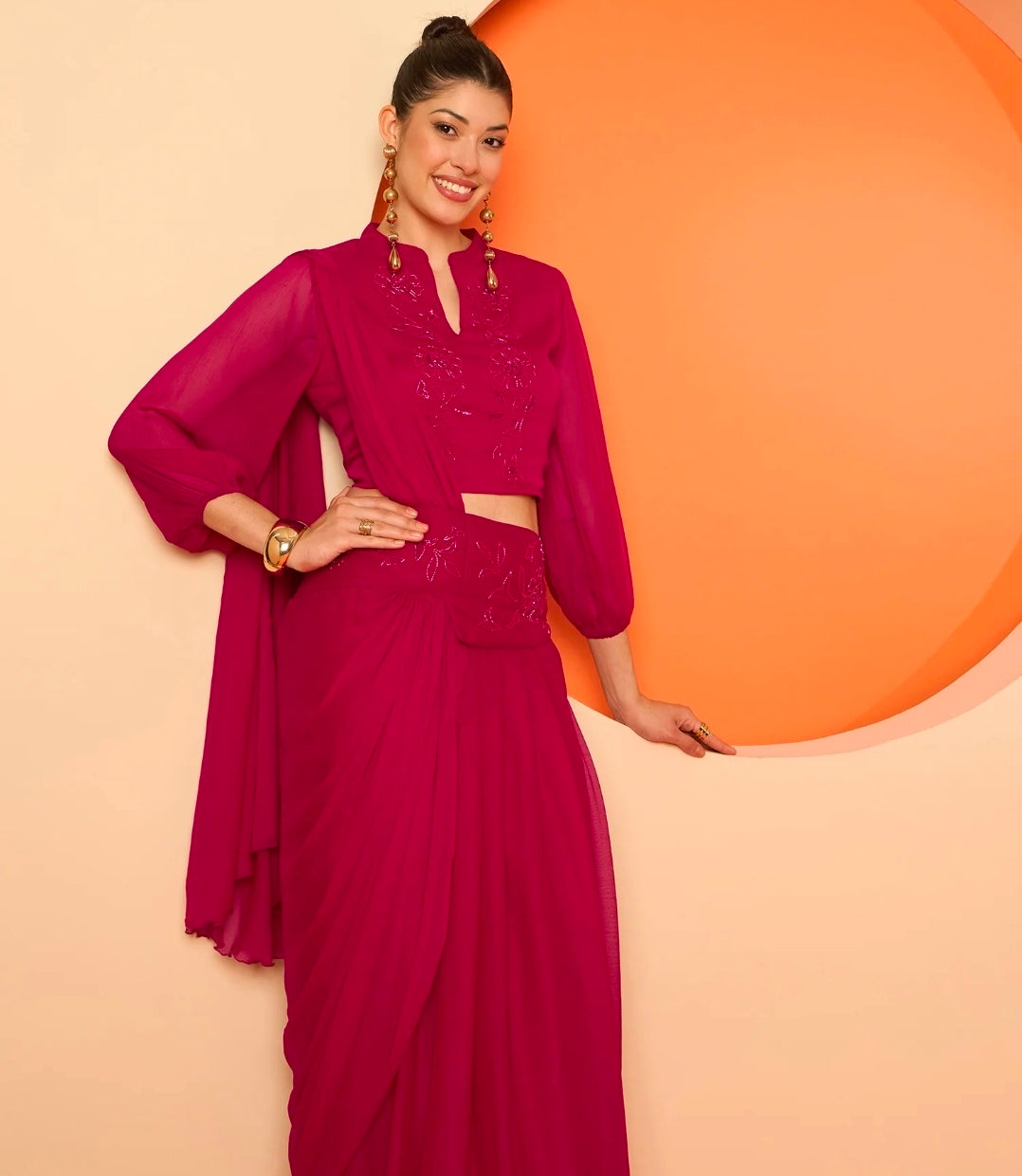 Pink pleated drape dhoti saree with blouse