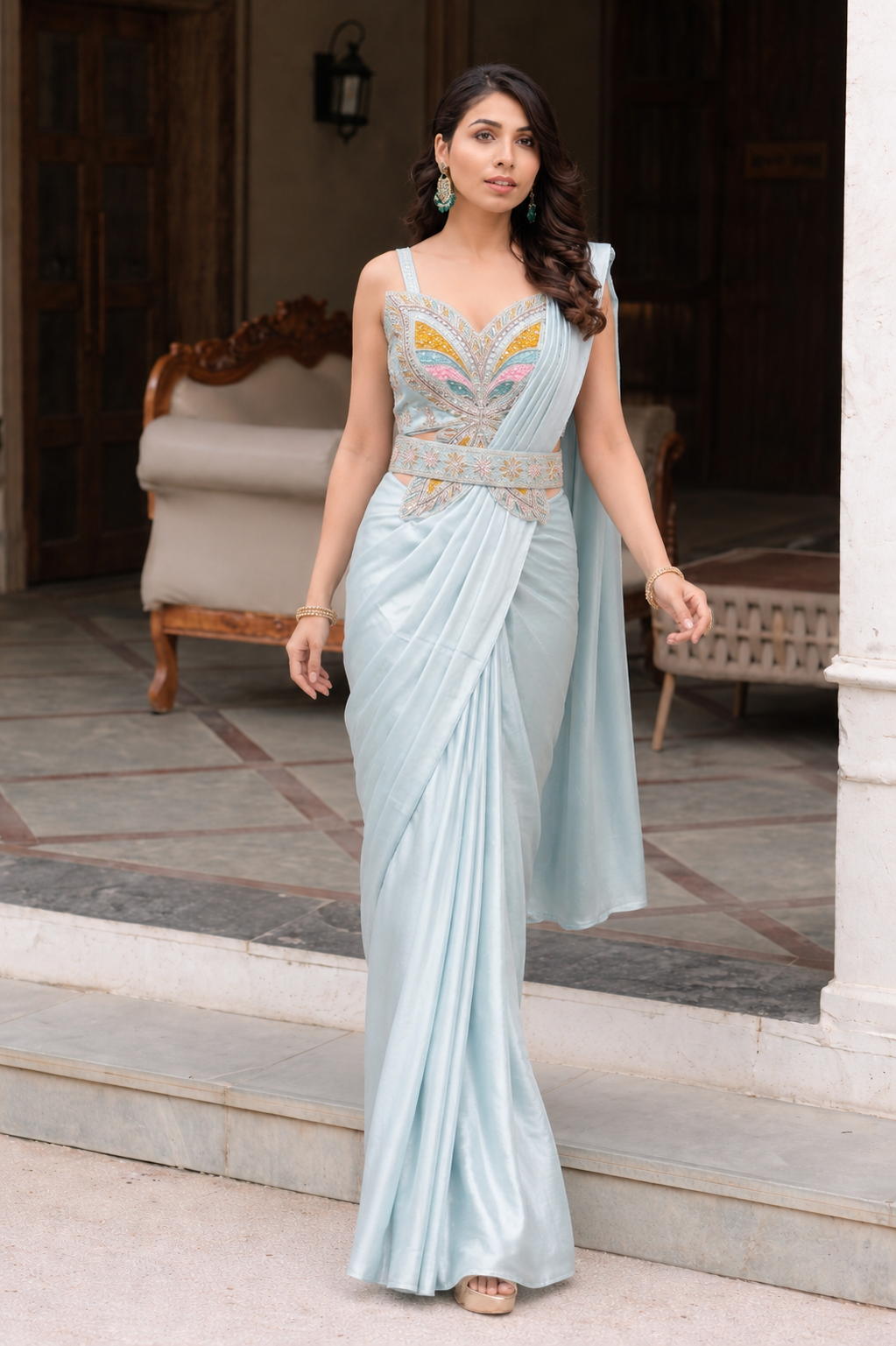 Blue ready to wear saree with blouse