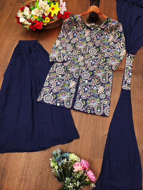 Blue front slit kurti with bottom and dupatta set