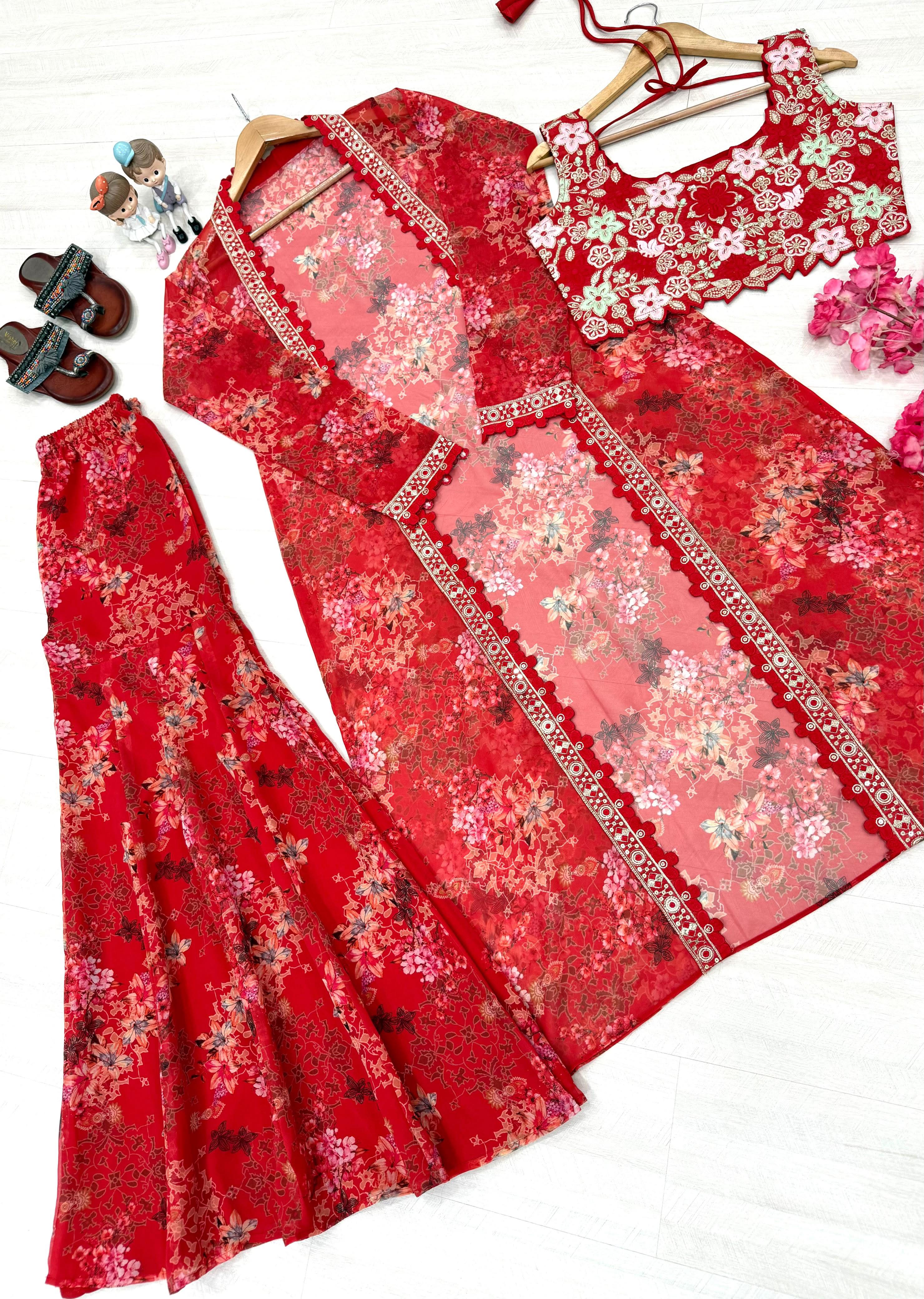 Red top with sharara and jacket set