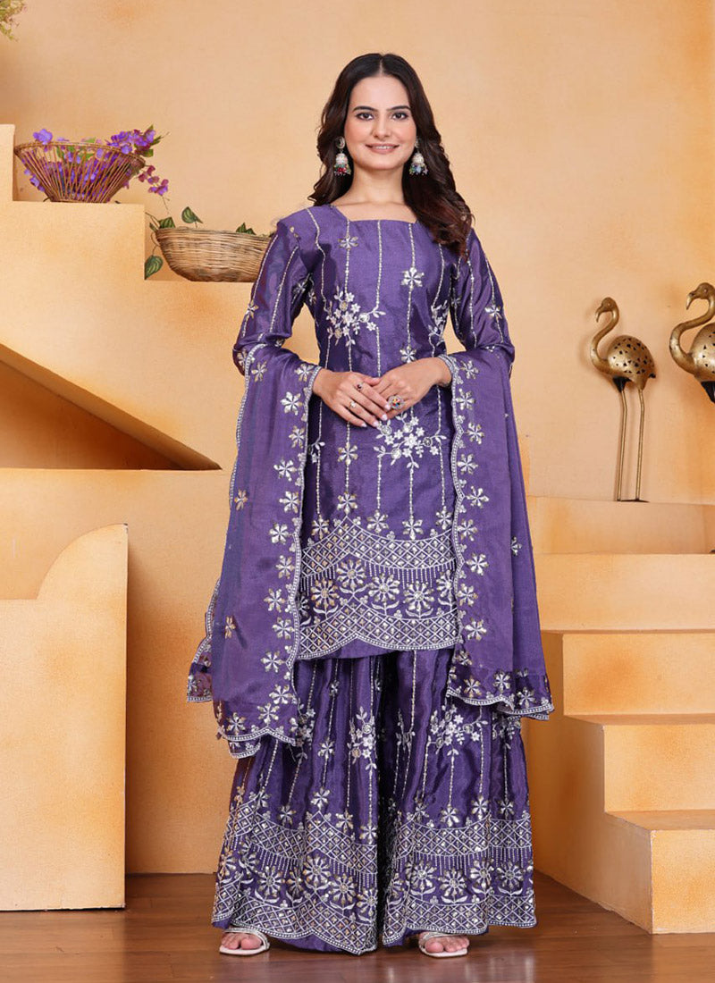Purple kurti with flaired palazzo and dupatta set