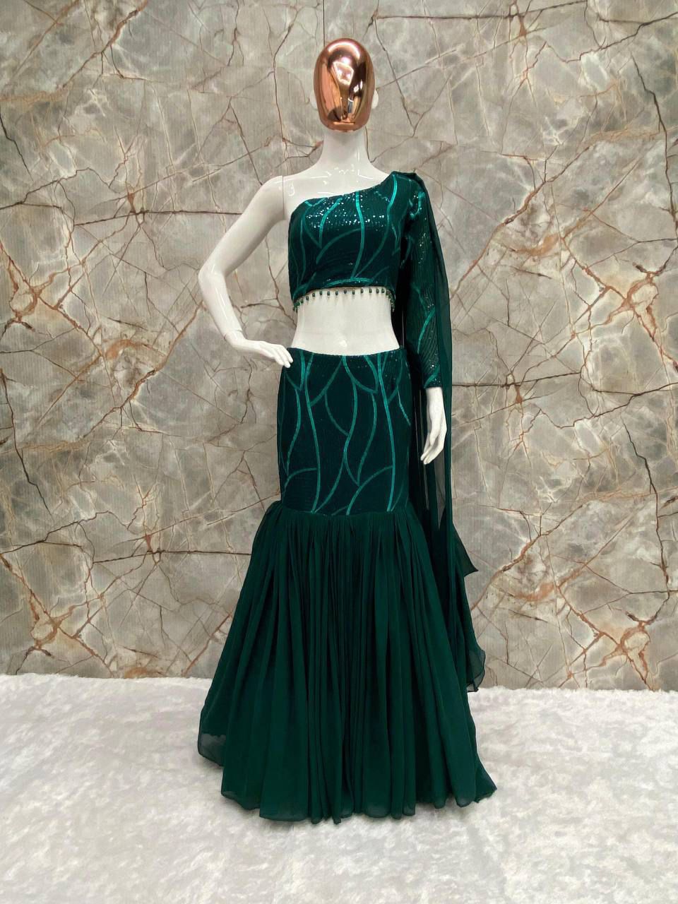 Green indo western fish cut lehenga with top