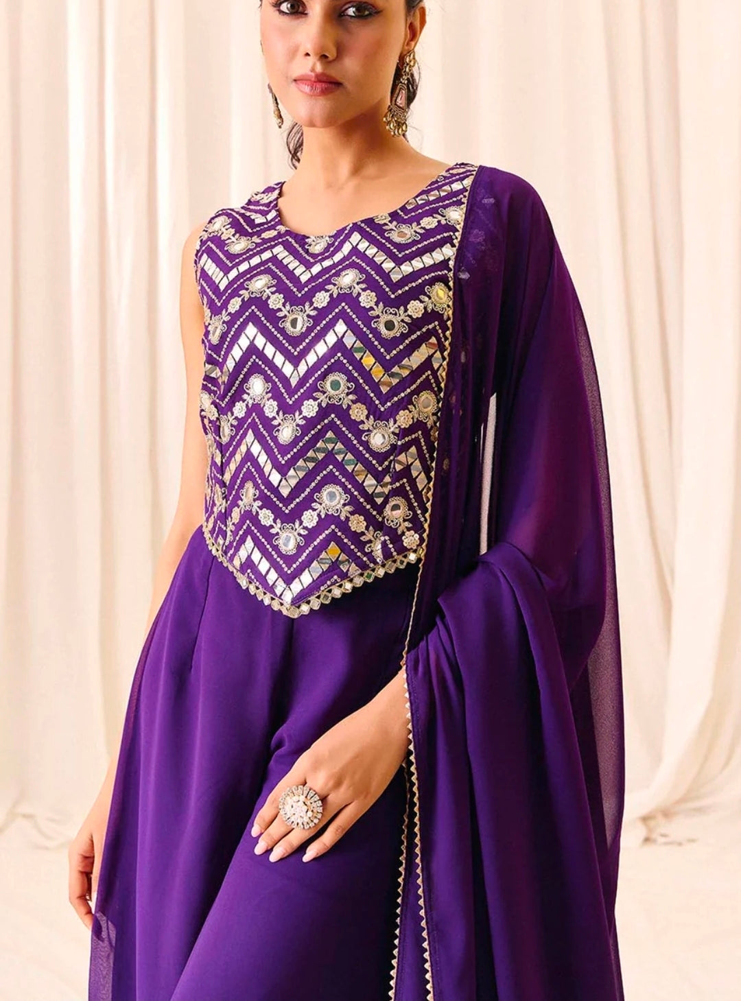 Purple crop top with palazzo and dupatta set