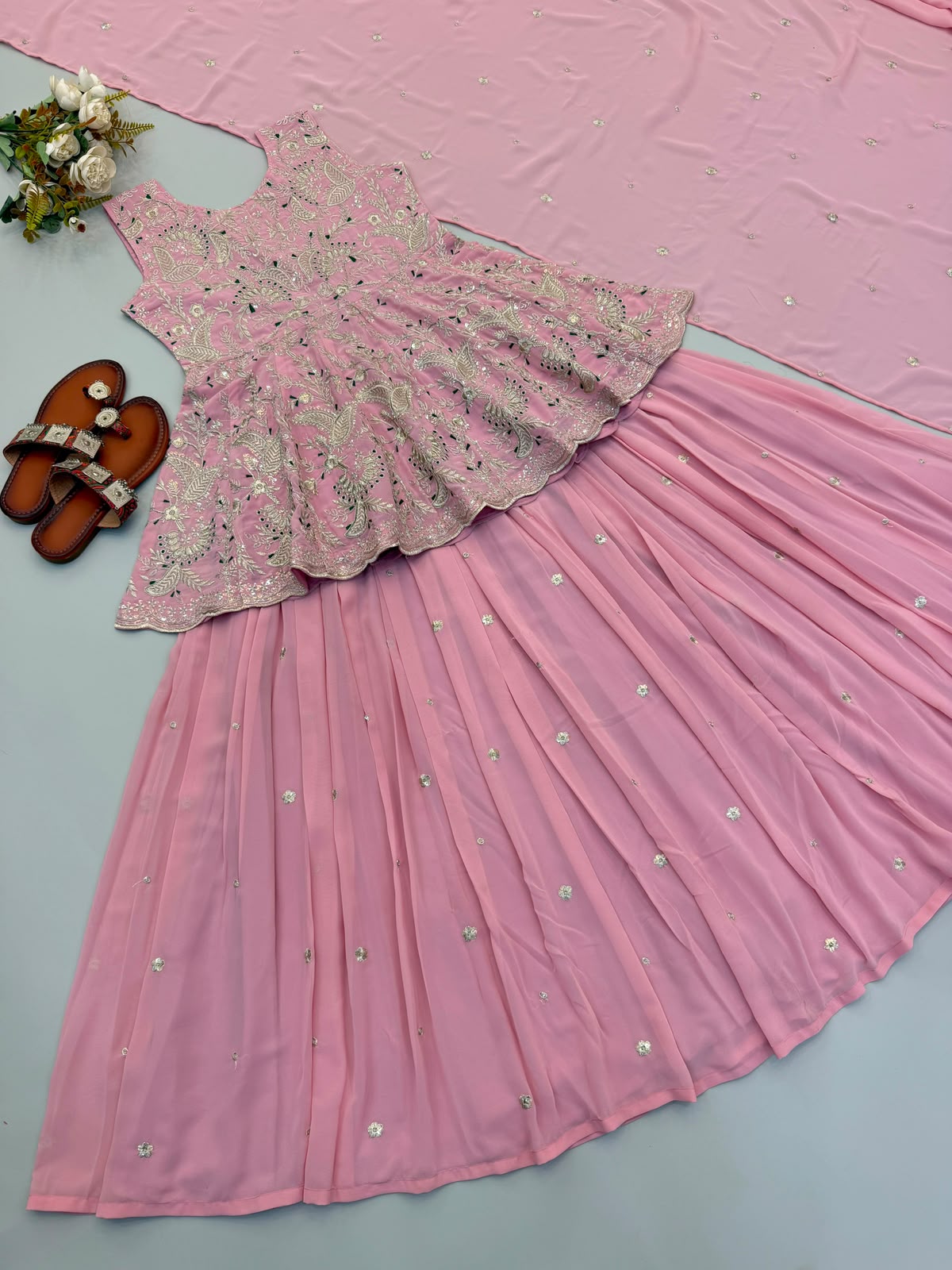 Pink indo western crop top with skirt and dupatta 3pc set