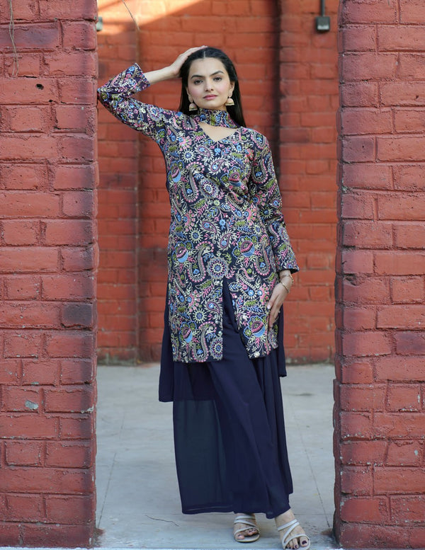 Blue front slit kurti with bottom and dupatta set