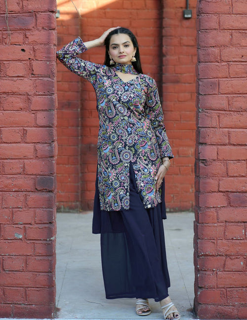 Blue front slit kurti with bottom and dupatta set