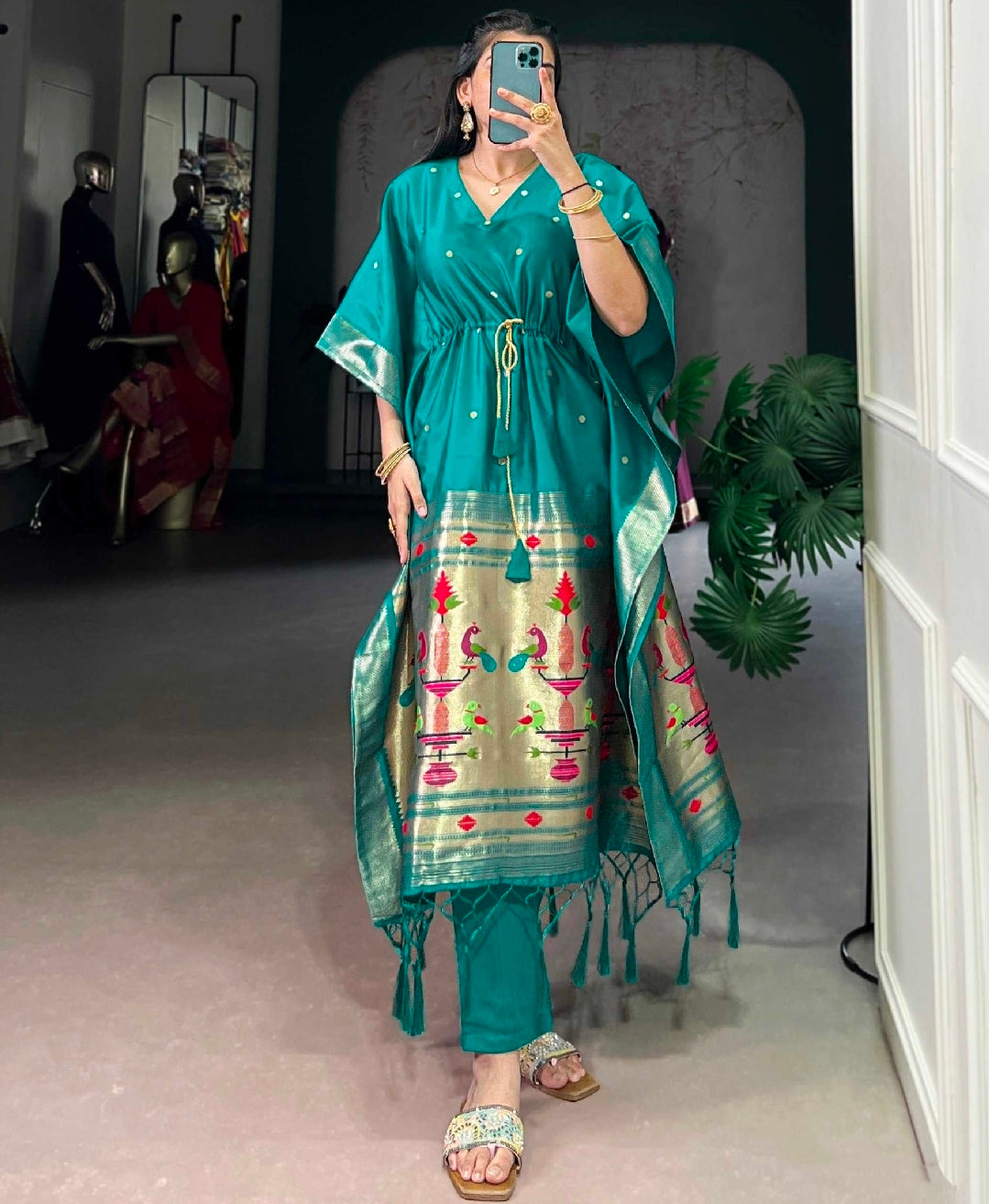 White pathaini silk kaftan with leggings