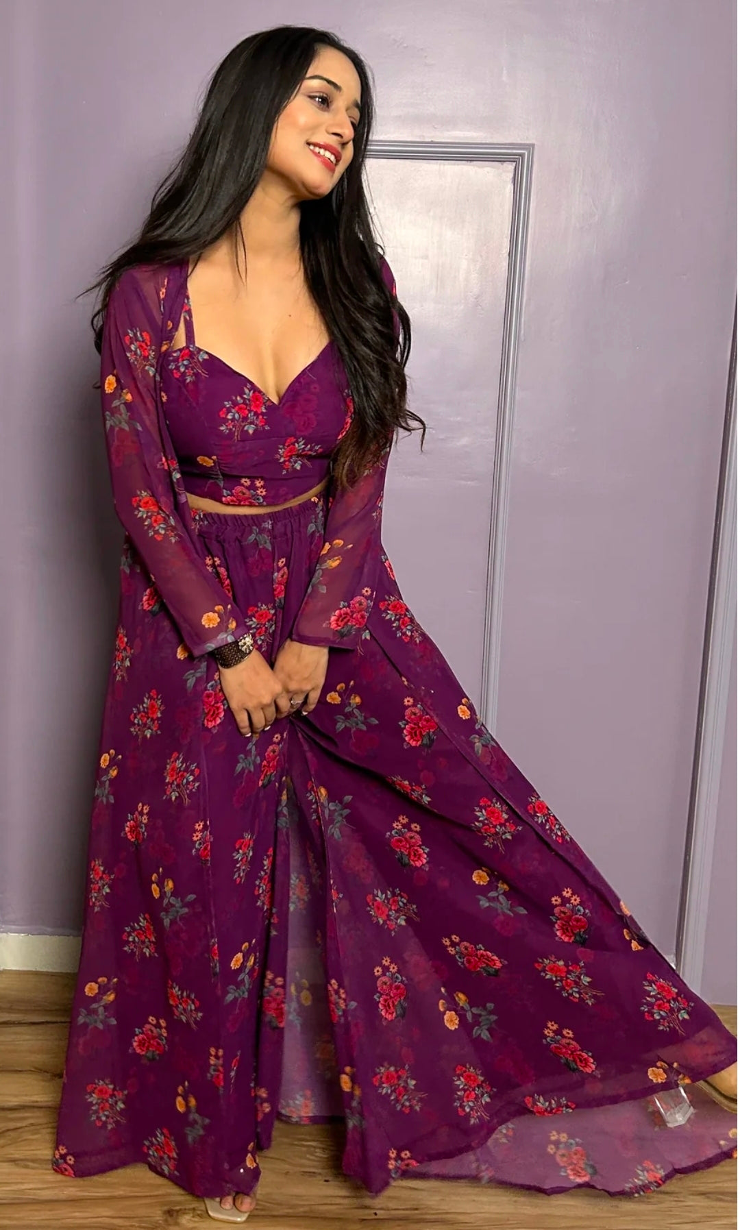 Purple printed top with cape and palazzo set