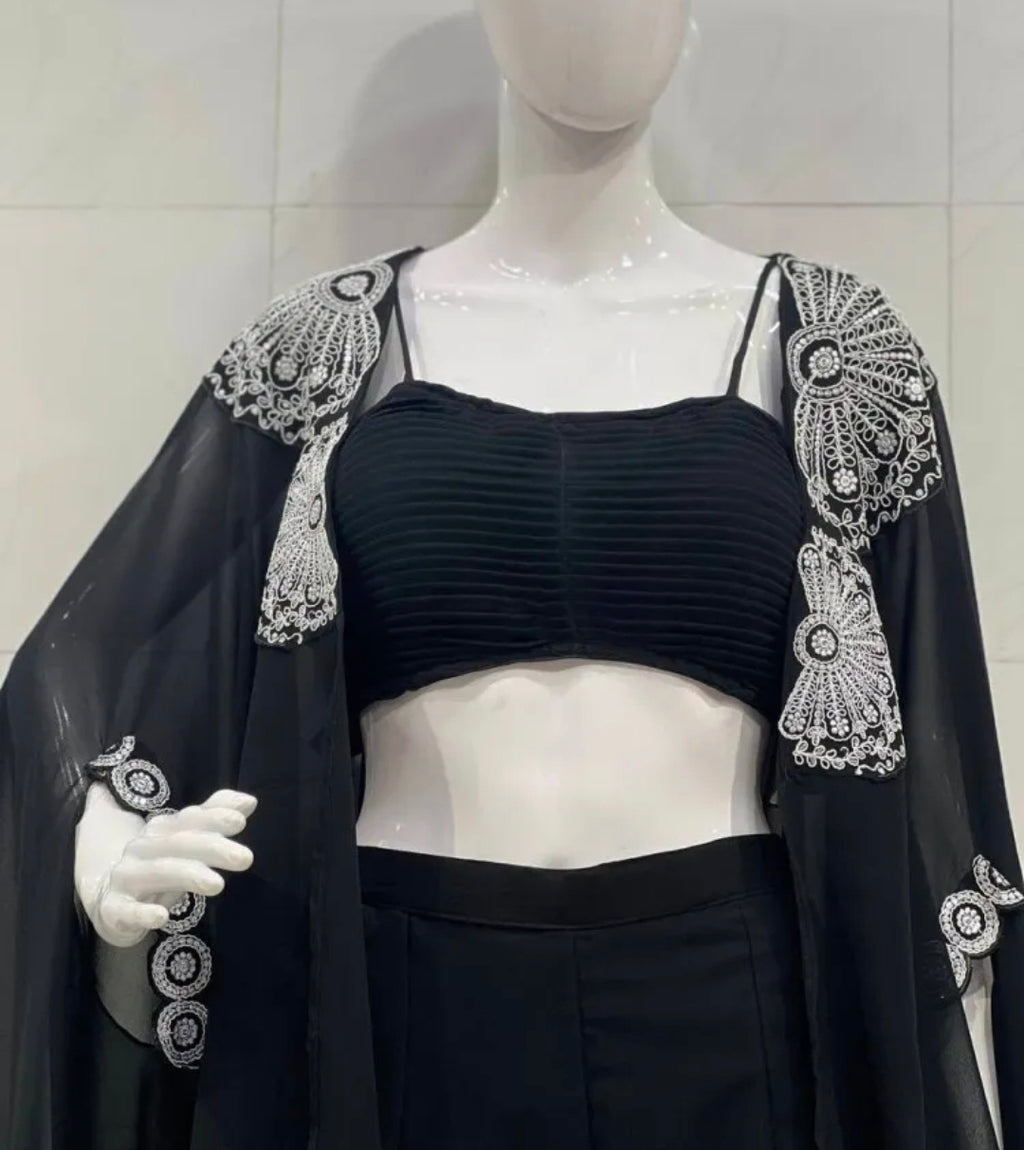 Black pleated top with sharara and cape set