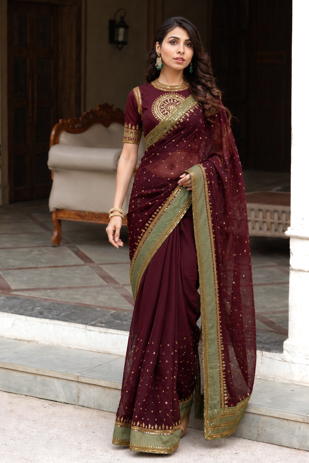 Maroon silk saree with high neck blouse