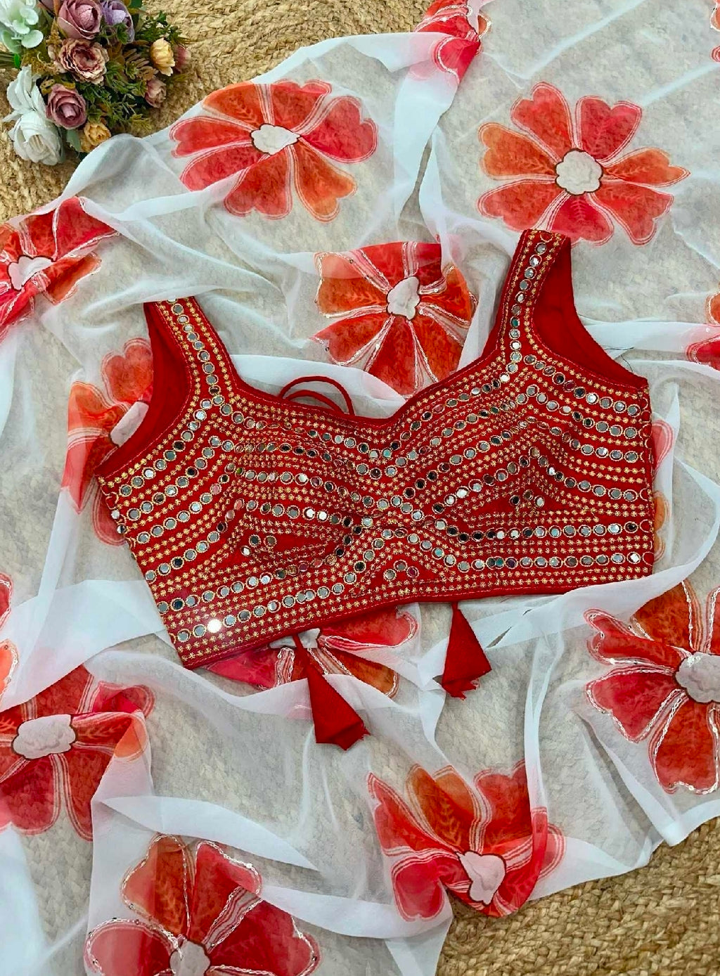 White floral printed saree with blouse