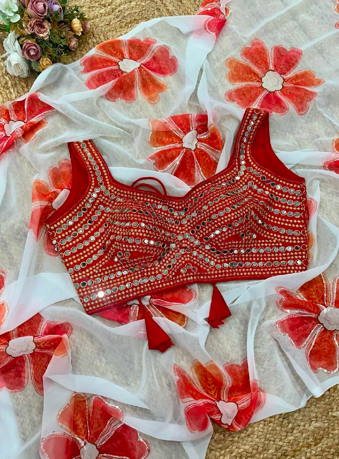 White floral printed saree with blouse