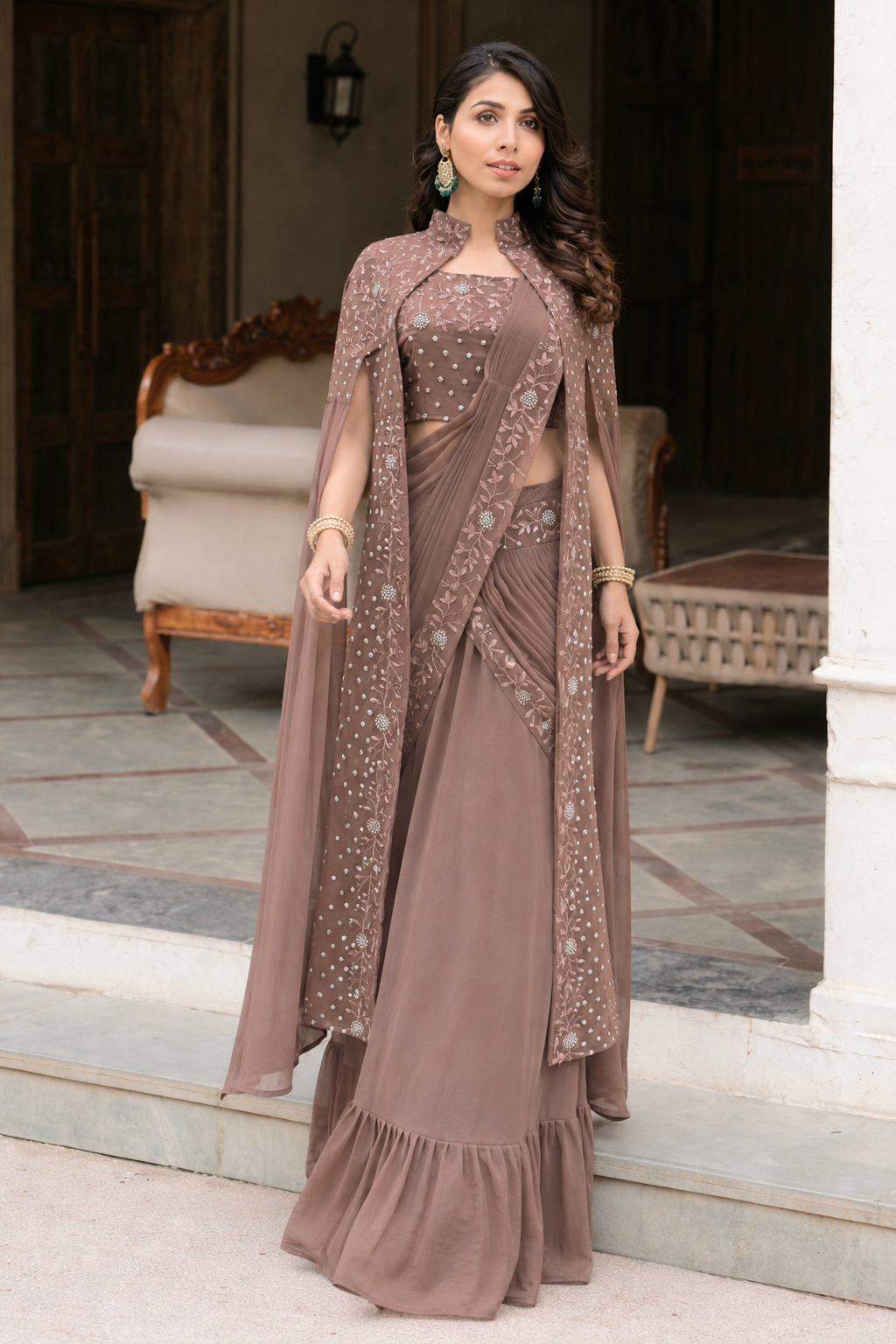Brown ready to wear skirt saree blouse with cape jacket