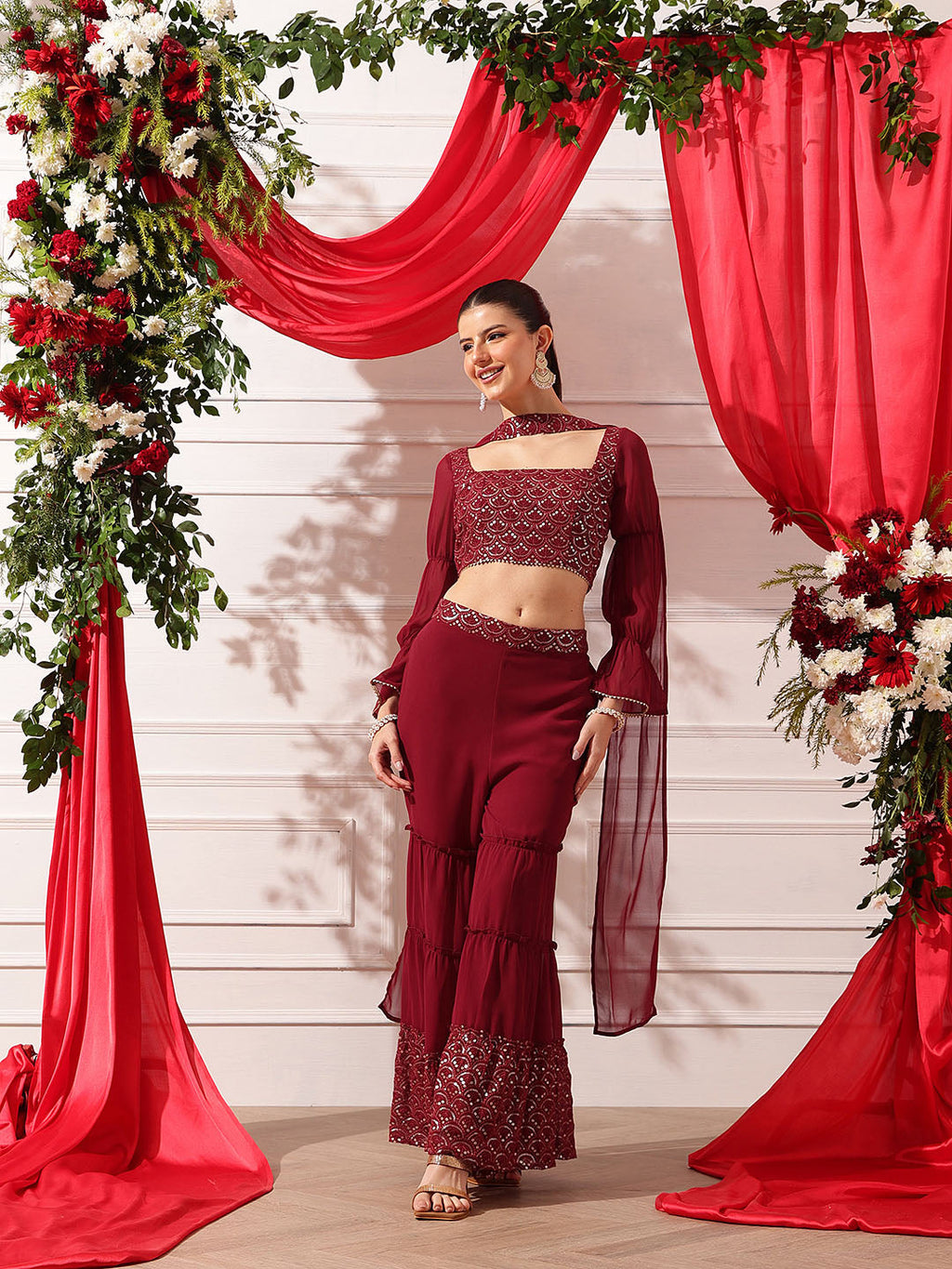 Maroon crop top with sharara and dupatta set
