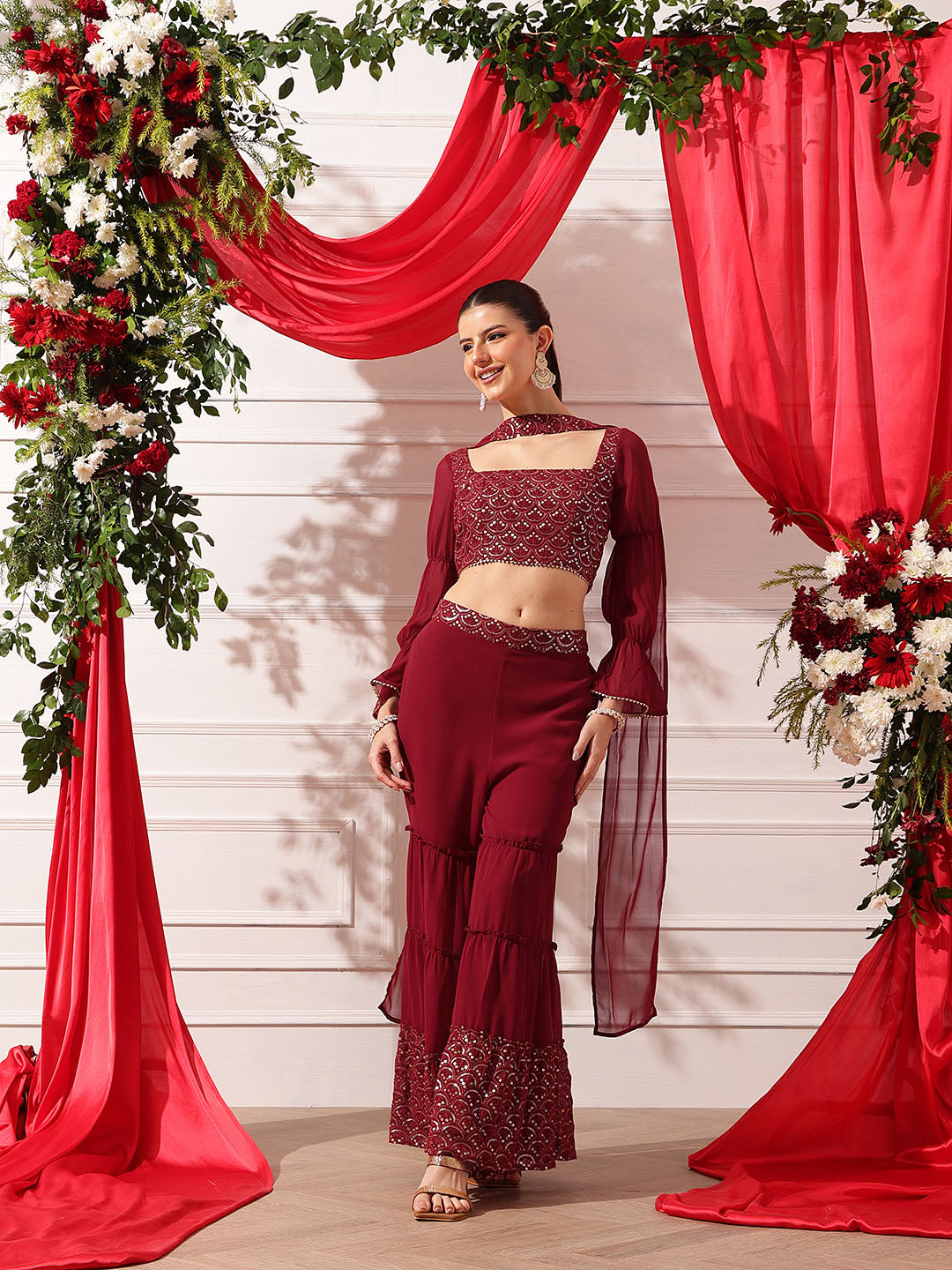 Maroon crop top with sharara and dupatta set